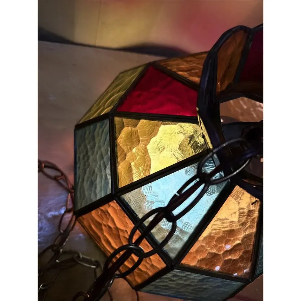 1970s VTG Multi- Color Panel Swag Stained Glass Hanging Swag Ceiling Lamp Shade